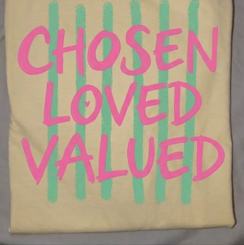 Gildan Beige Tee with Pink Text and Green Stripes